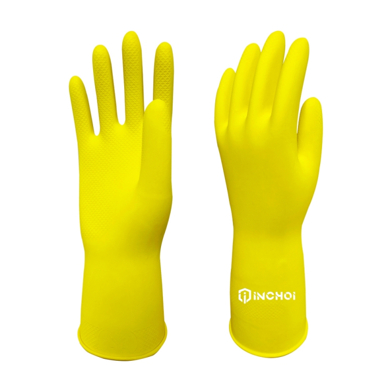 Yellow Latex Gauntlet Gloves with Flock Lining